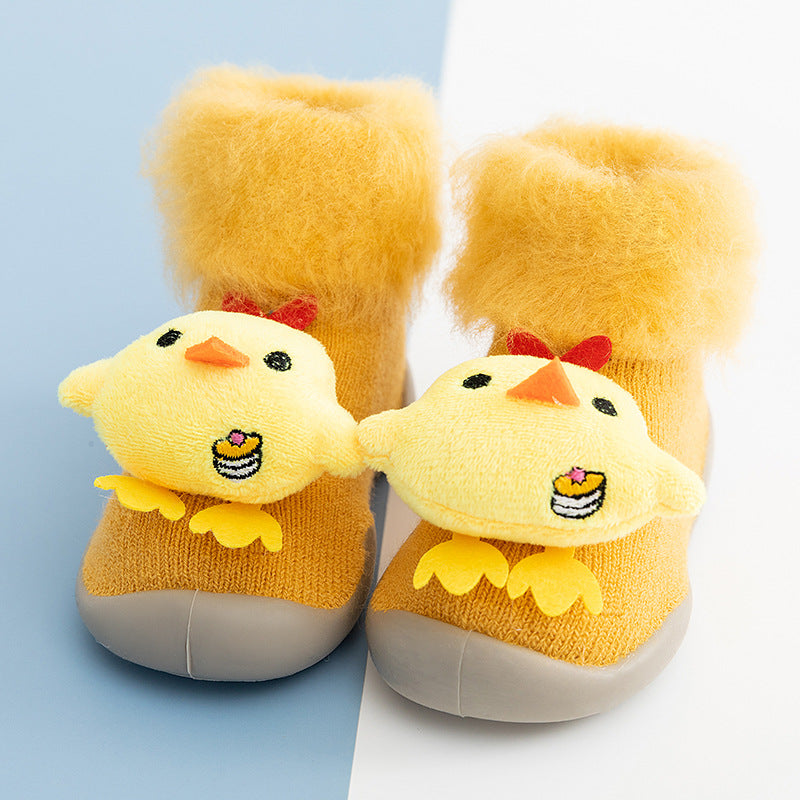 Autumn and Winter baby cartoon doll in tube flanging toddler winter thickening warm high-top socks and shoes non-slip let go