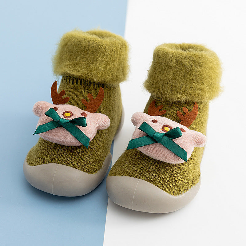 Autumn and Winter baby cartoon doll in tube flanging toddler winter thickening warm high-top socks and shoes non-slip let go