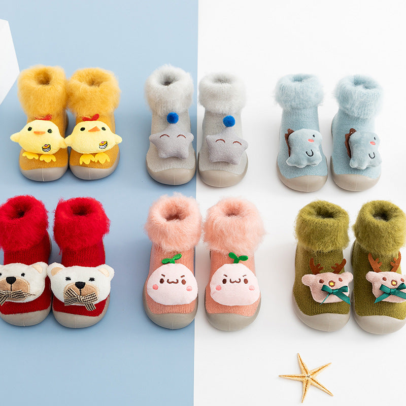 Autumn and Winter baby cartoon doll in tube flanging toddler winter thickening warm high-top socks and shoes non-slip let go