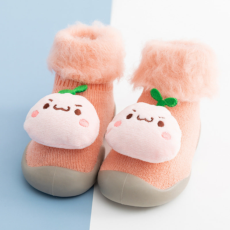 Autumn and Winter baby cartoon doll in tube flanging toddler winter thickening warm high-top socks and shoes non-slip let go