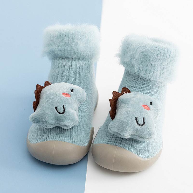 Autumn and Winter baby cartoon doll in tube flanging toddler winter thickening warm high-top socks and shoes non-slip let go