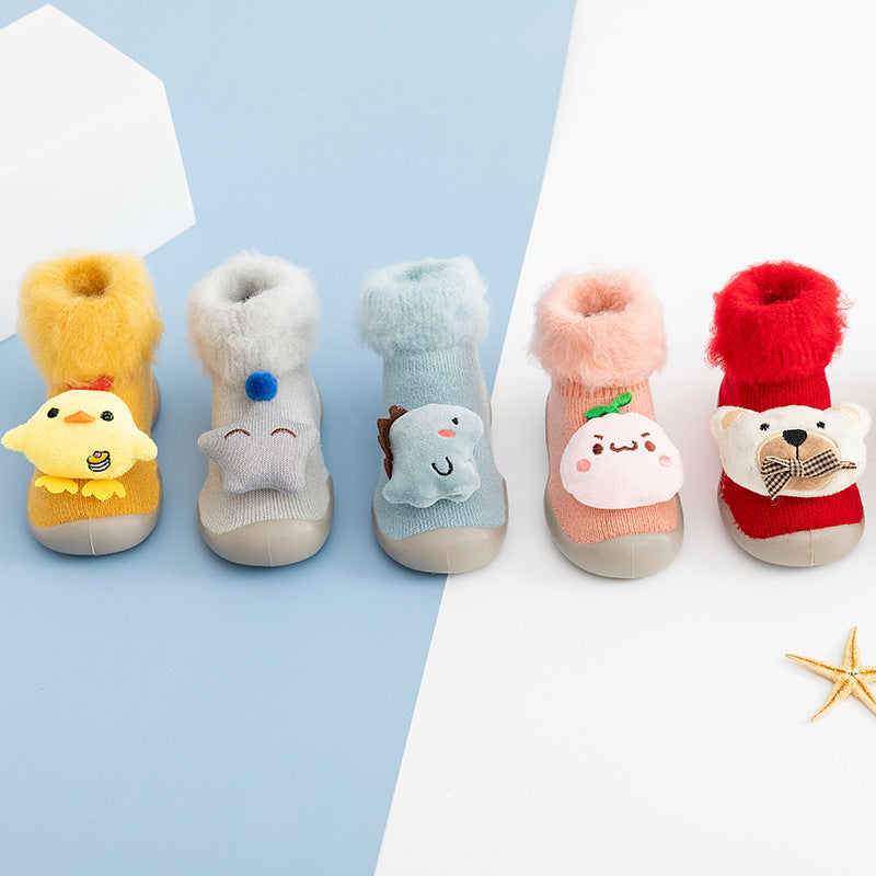 Autumn and Winter baby cartoon doll in tube flanging toddler winter thickening warm high-top socks and shoes non-slip let go