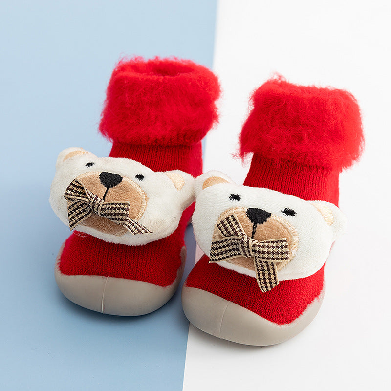 Autumn and Winter baby cartoon doll in tube flanging toddler winter thickening warm high-top socks and shoes non-slip let go