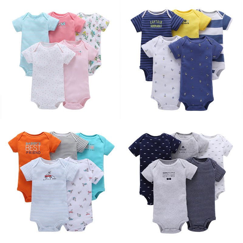 Summer baby cotton short-sleeved mixed color haze triangle romper 5 five-piece suit