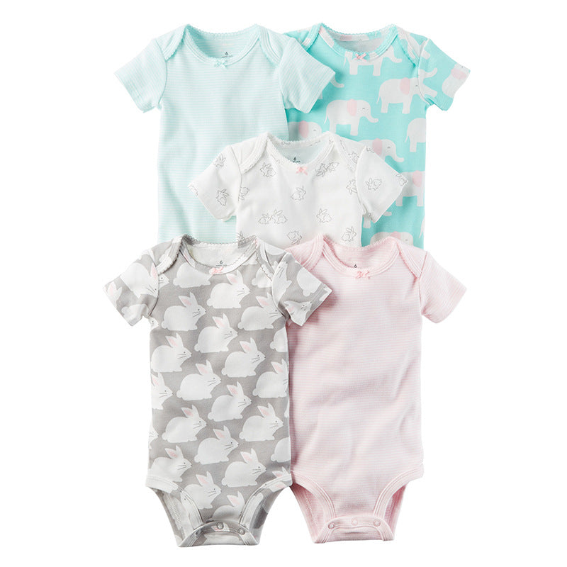 Summer baby cotton short-sleeved mixed color haze triangle romper 5 five-piece suit