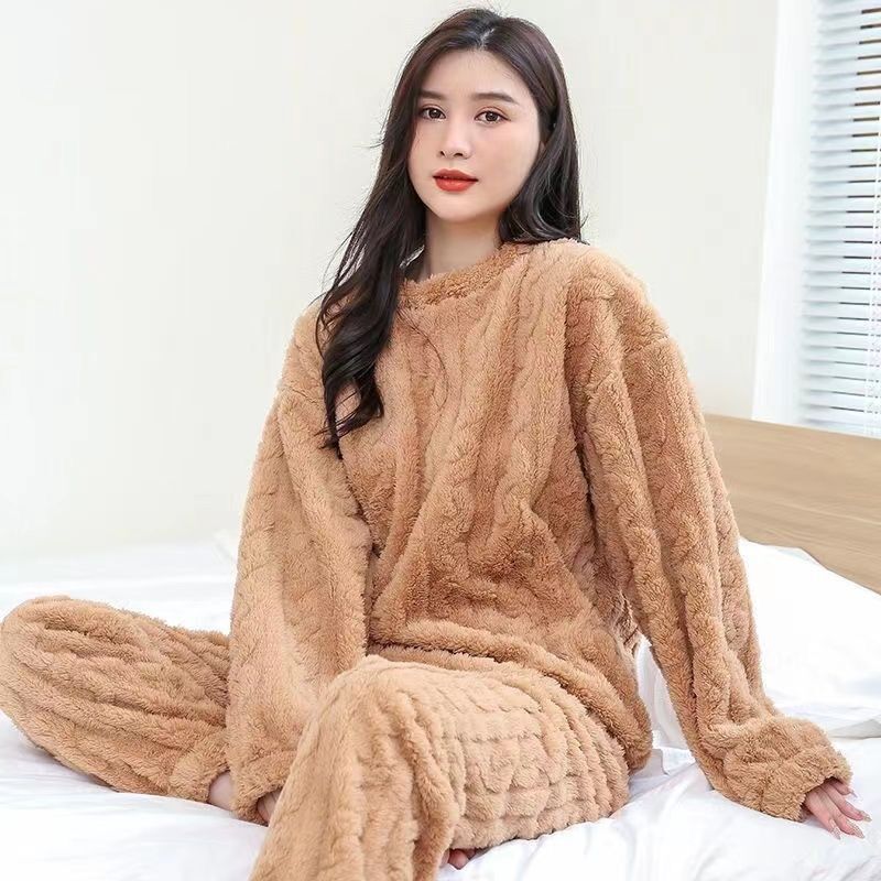 Coral velvet jacquard pajamas women's autumn and winter new style plus velvet thickened ultra-thick velvet winter home clothes two-piece suit