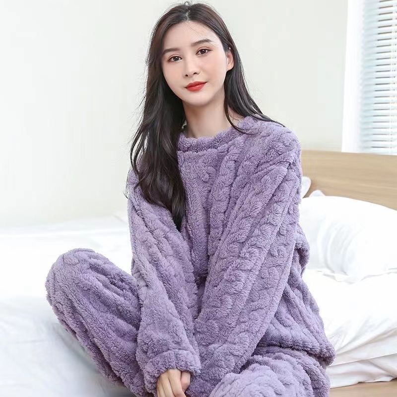 Coral velvet jacquard pajamas women's autumn and winter new style plus velvet thickened ultra-thick velvet winter home clothes two-piece suit