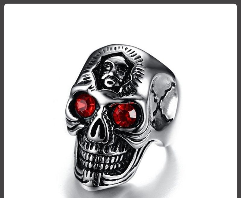 Halloween new European and American skull ring retro crack ghost head ring rock inlaid ruby men's ring