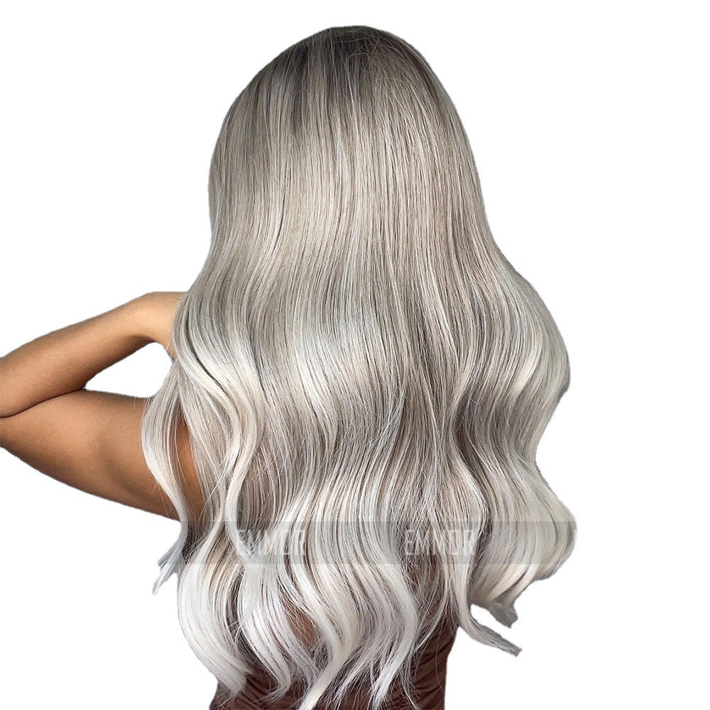 Hair air bangs gradient gray big waves cosplay high temperature silk chemical fiber headgear wig for women