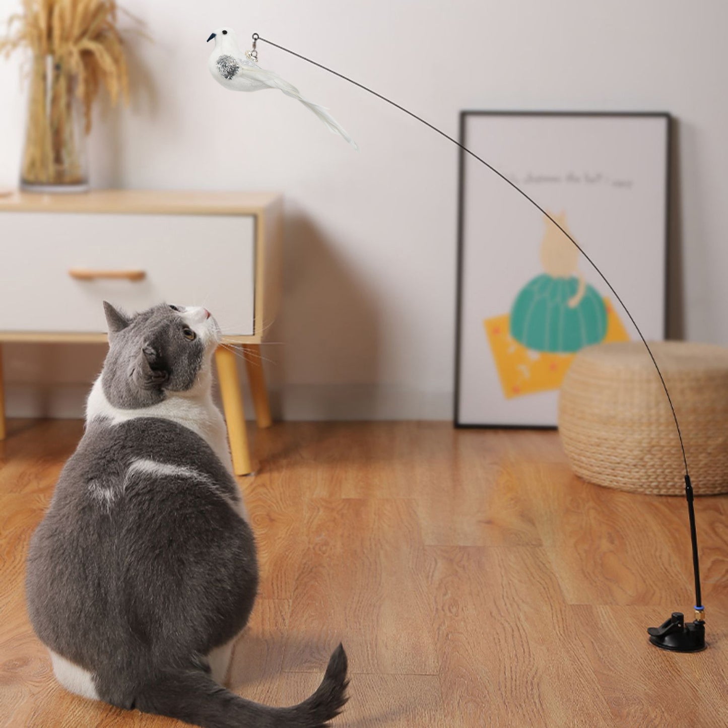 Bird Feather Automatic Cat Flirting Stick Long Rod Cat Bell Suction Cup Cat Toy Durable Cat Supplies Self-Enjoyment and Relief from Boredom