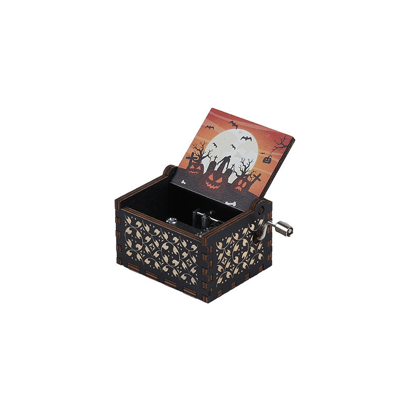 Halloween music box classical carving diy wooden hand-cranked music box boutique handicraft