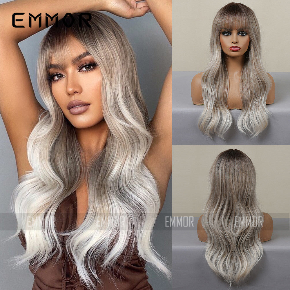 Hair air bangs gradient gray big waves cosplay high temperature silk chemical fiber headgear wig for women