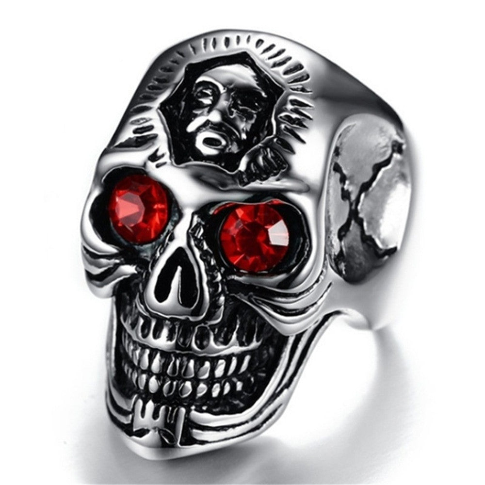 Halloween new European and American skull ring retro crack ghost head ring rock inlaid ruby men's ring