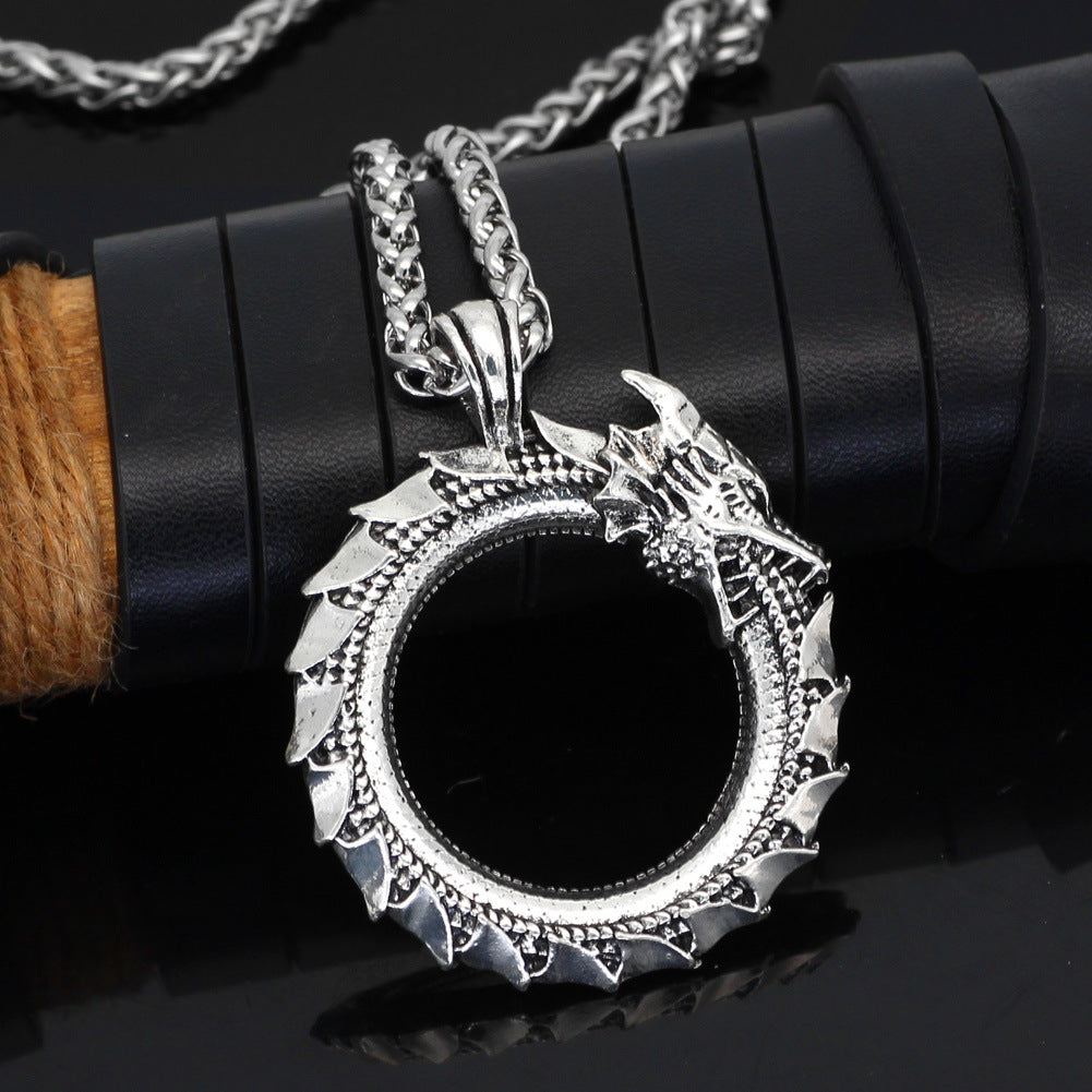 Ouroboros eat their own tail necklace men's dragon necklace oxide dragon pendant large dragon necklace silver myth necklace