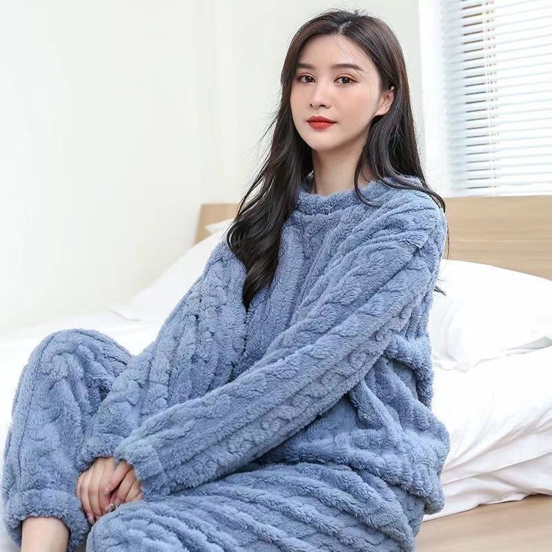 Coral velvet jacquard pajamas women's autumn and winter new style plus velvet thickened ultra-thick velvet winter home clothes two-piece suit