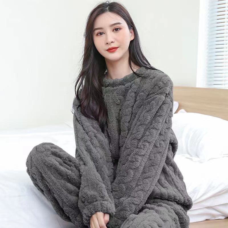 Coral velvet jacquard pajamas women's autumn and winter new style plus velvet thickened ultra-thick velvet winter home clothes two-piece suit