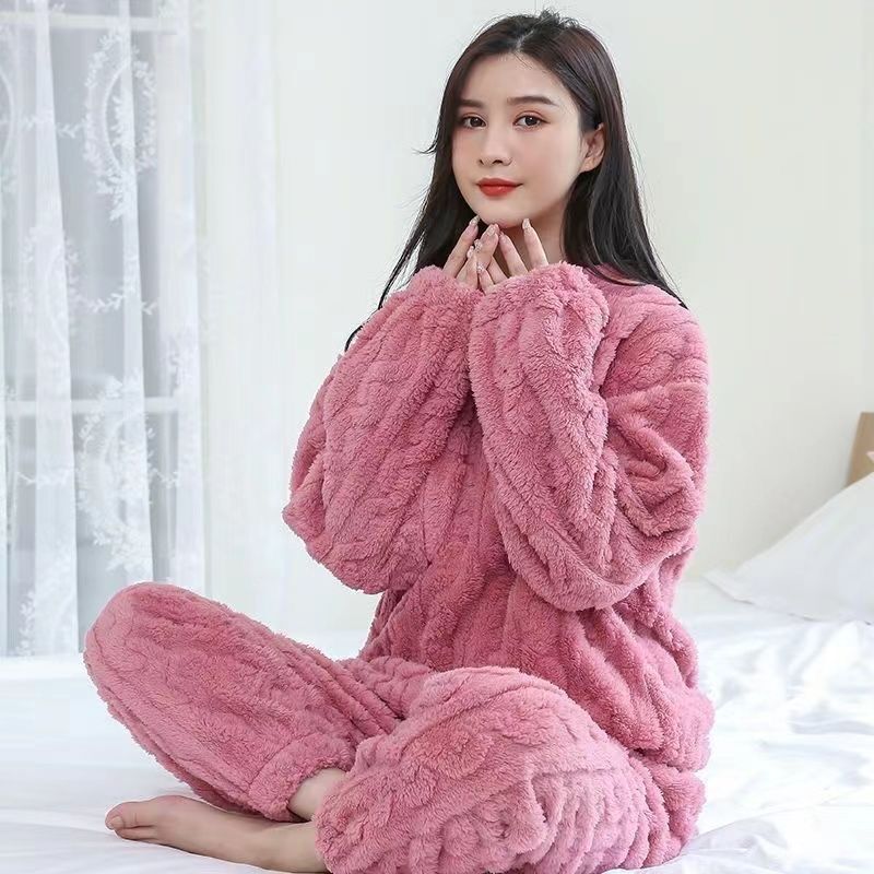 Coral velvet jacquard pajamas women's autumn and winter new style plus velvet thickened ultra-thick velvet winter home clothes two-piece suit