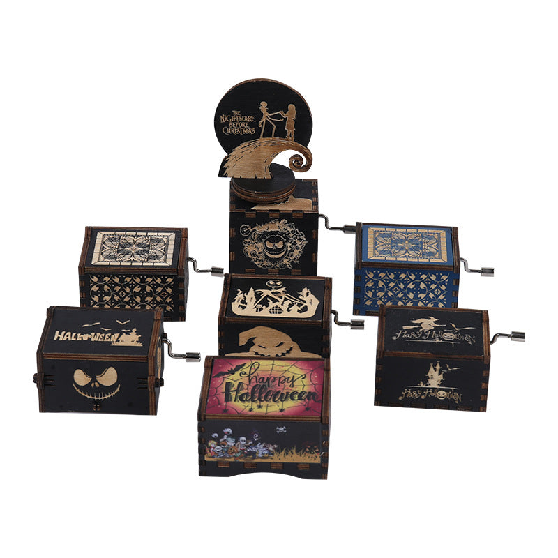 Halloween music box classical carving diy wooden hand-cranked music box boutique handicraft