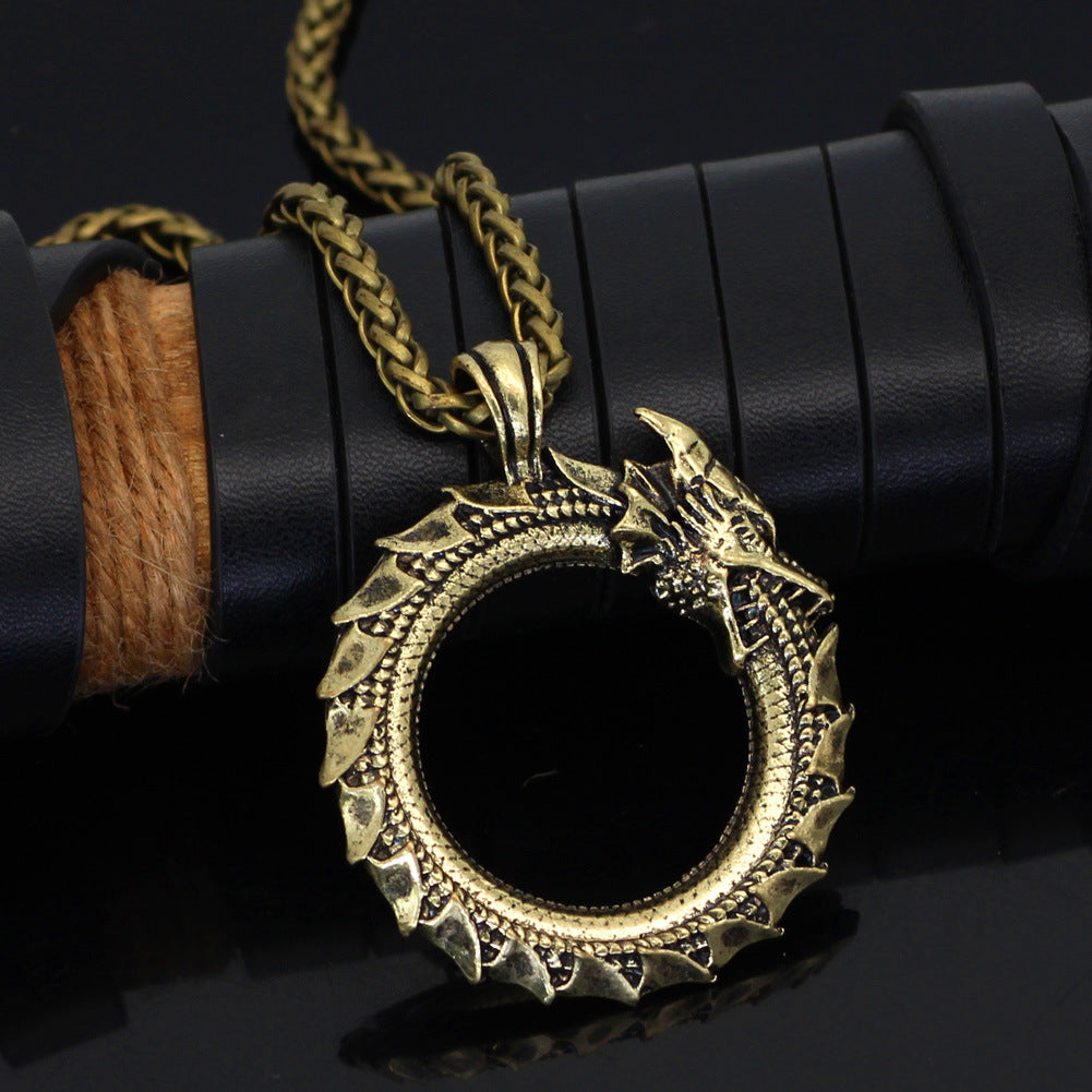 Ouroboros eat their own tail necklace men's dragon necklace oxide dragon pendant large dragon necklace silver myth necklace