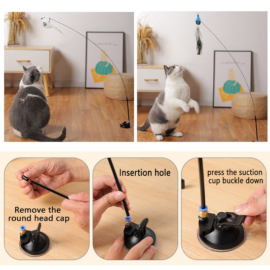 Bird Feather Automatic Cat Flirting Stick Long Rod Cat Bell Suction Cup Cat Toy Durable Cat Supplies Self-Enjoyment and Relief from Boredom