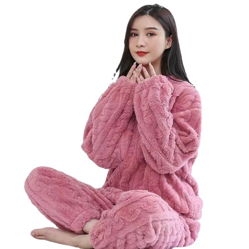 Coral velvet jacquard pajamas women's autumn and winter new style plus velvet thickened ultra-thick velvet winter home clothes two-piece suit